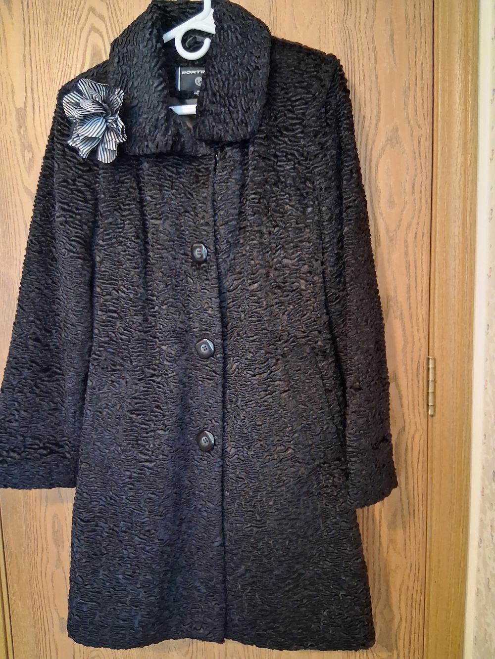 Black Textured Faux Fur Pea Coat with Decorative Flower Accent